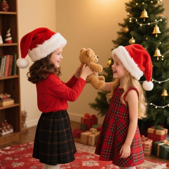 Christmas Santa Hat for Kid, Red Velvet Double Layer Xmas Holiday Party Hat - Picture 5 of 7